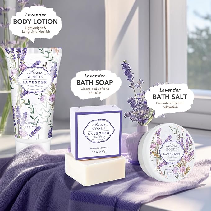 Lavender & Jasmine Scented Spa Gift Set for Women, Includes Body Lotion, Shower Gel, Salts, Bubble Bath, Body Mist, Soap, Bath Bombs-Velvo Beauty