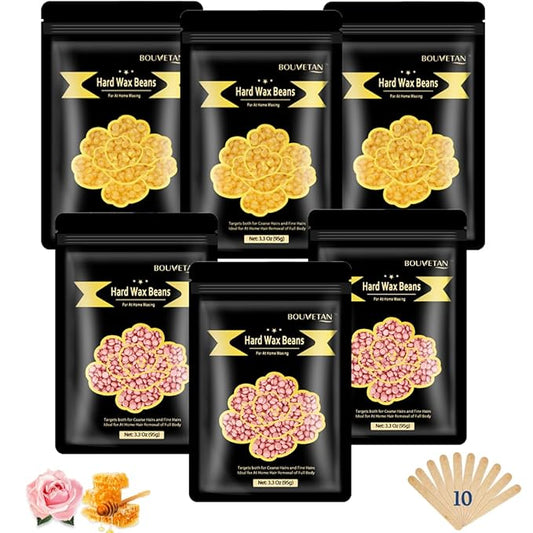 Hard Wax Beads, Bouvetan 1.3Lb/21oz Wax Beans for Brazilian Waxing, Hard Waxing Beads for Eyebrow, Face, Bikini for Women Men Hair Removal with 10pcs Wax Spatulas, 6 Packs-Velvo Beauty