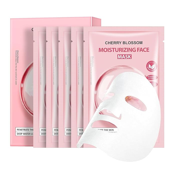5 Pack Sheets Face Masks Skincare For All Skin Types, Cherry Facial Sheet Masks, Hydrating Facial Sheets Mask for Firming, Sheet Mask with Cherry Blossom Face Mask for Glowing Skin-Velvo Beauty