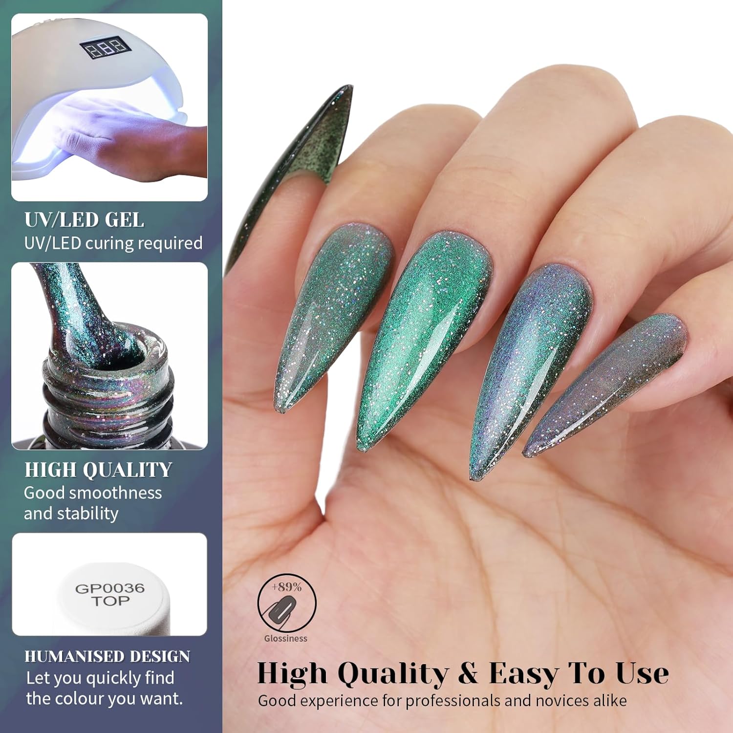 Aurora Green Cat Eye Gel Nail Polish,Iridescent Quicksand Galaxy Holographic Cateye Green Gel Polish with Magnet, Shimmer Velvet Soak Off Uv Led Home Diy Manicure GP0103-Velvo Beauty