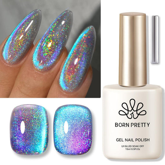 Born Pretty 9D Cat Magnetic Eye Gel Nail Polish Holographic Rainbow Gel Polish Blue Purple Soak Off U V LED Gel Polish Nail Art Design Manicure Salon DIY Home 15ML-Velvo Beauty