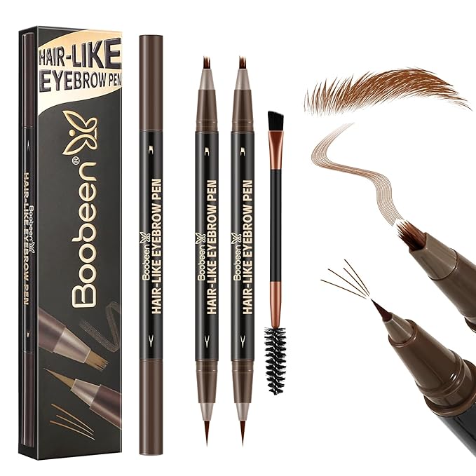Boobeen 2pcs Waterproof Eyebrow Pen，Dual-Ended Eyeliner Microblading Eyebrow Pencil for Women，Long Lasting Hair-Like Brow Pen with Brow Brush，Dark Brown-Velvo Beauty
