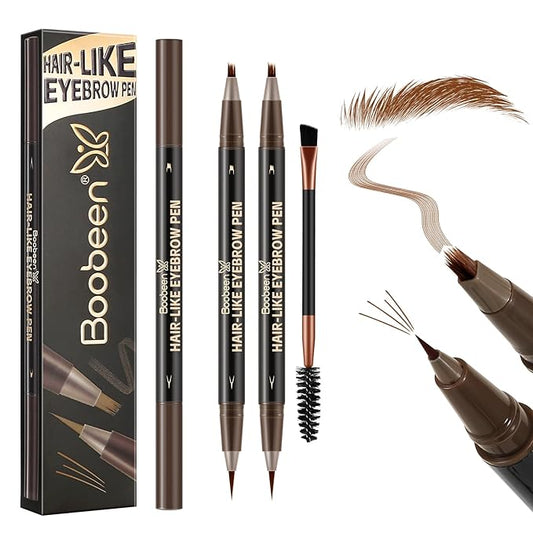 Boobeen 2pcs Waterproof Eyebrow Pen，Dual-Ended Eyeliner Microblading Eyebrow Pencil for Women，Long Lasting Hair-Like Brow Pen with Brow Brush，Dark Brown-Velvo Beauty