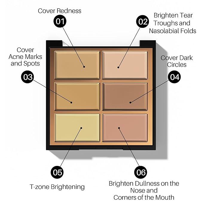 FV 6 Colors Cream Concealer Palette, Full Coverage & Long Lasting Colors Corrector Palette for Dark Circles, Redness, Acne with Natural Finish Cream Foundation Palette, 01 Light Shade-Velvo Beauty