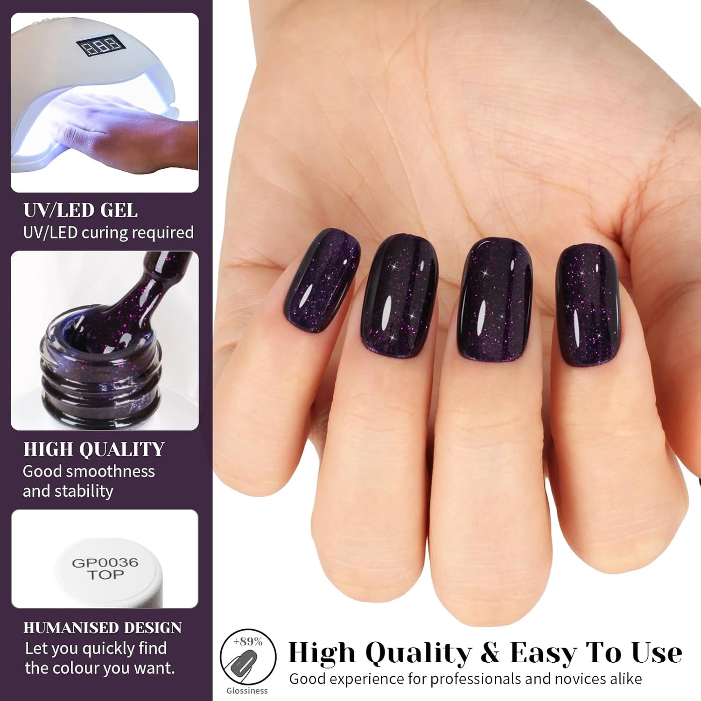 Dark Purple Glitter Gel Polish,Sparkly Shimmer Glitter Purple Gel Nail Polish,0.51 Fl Oz Soak Off UV Gel Polish for Nail Art Starter,Manicure Salon,Girls Women Gifts - GP0066-Velvo Beauty