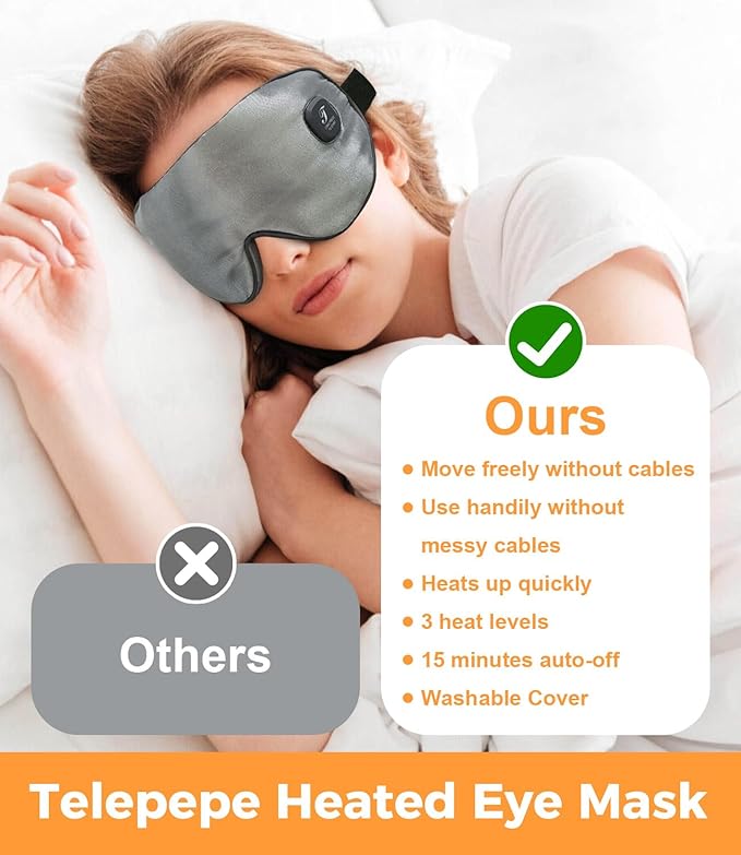 Heated Eye Mask for Dry Eyes, Cordless Warm Eye Compress, Styes, Blepharitis, 1000mAh, 3 Heat Levels, Electric, Light-Blocking, Washable Cover, Travel (Gray)-Velvo Beauty