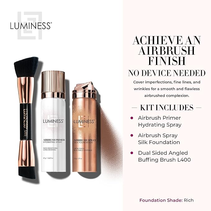 LUMINESS Airbrush Spray Silk Foundation Starter Kit - Rich - Foundation, Primer & Dual-Sided Angled Buffing Brush - Medium, Buildable Coverage, Anti-Aging Formula Hydrates & Moisturizes-Velvo Beauty
