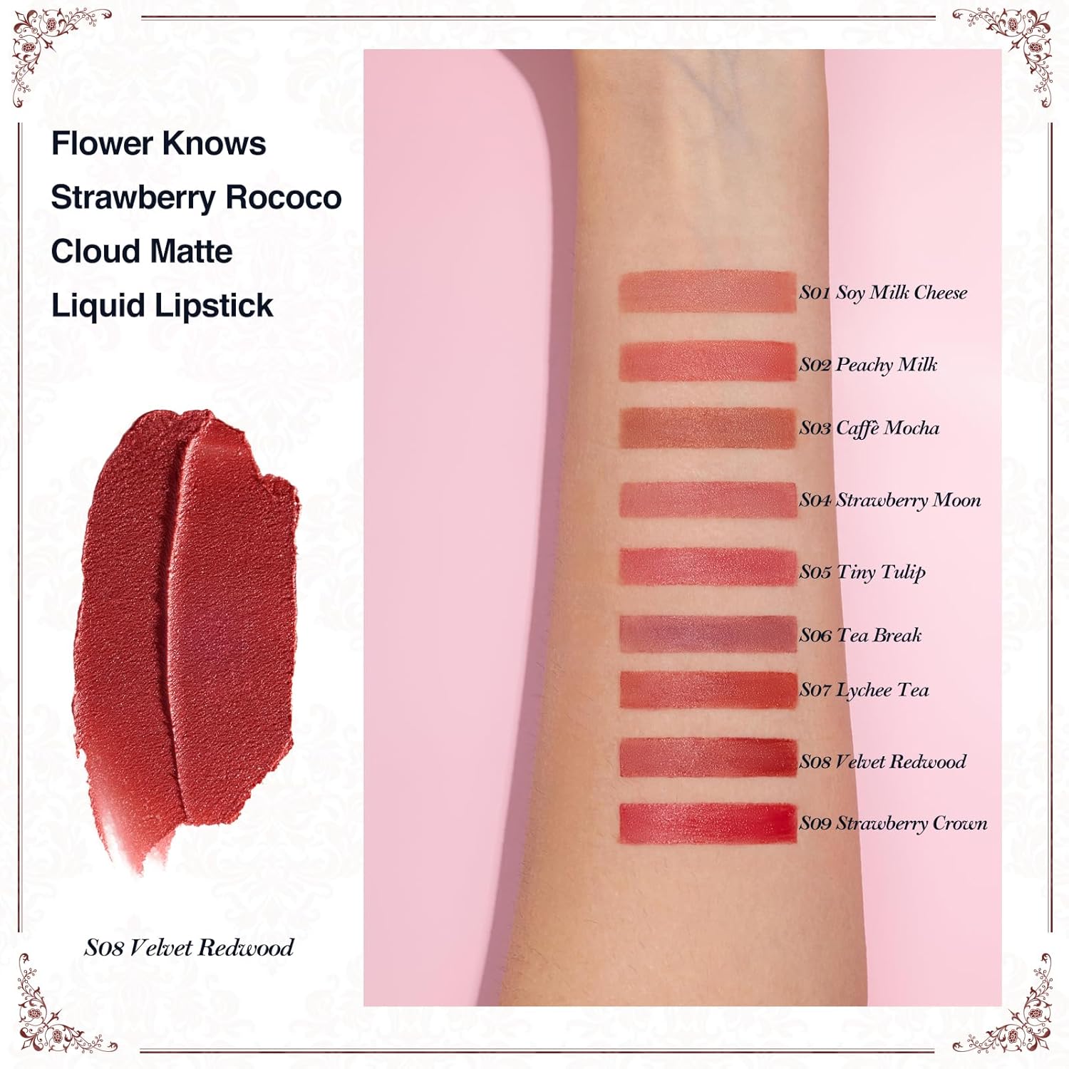 Flower Knows Strawberry Rococo Cloud Lip Cream,Velvety Matte Liquid Lipstick,Red Lipstick,Long Lasting Lip Stain,Kiss-proof Blurred Lipstick for Girls&Women,0.12 Fl Oz(S08 Velvet Redwood)-Velvo Beauty