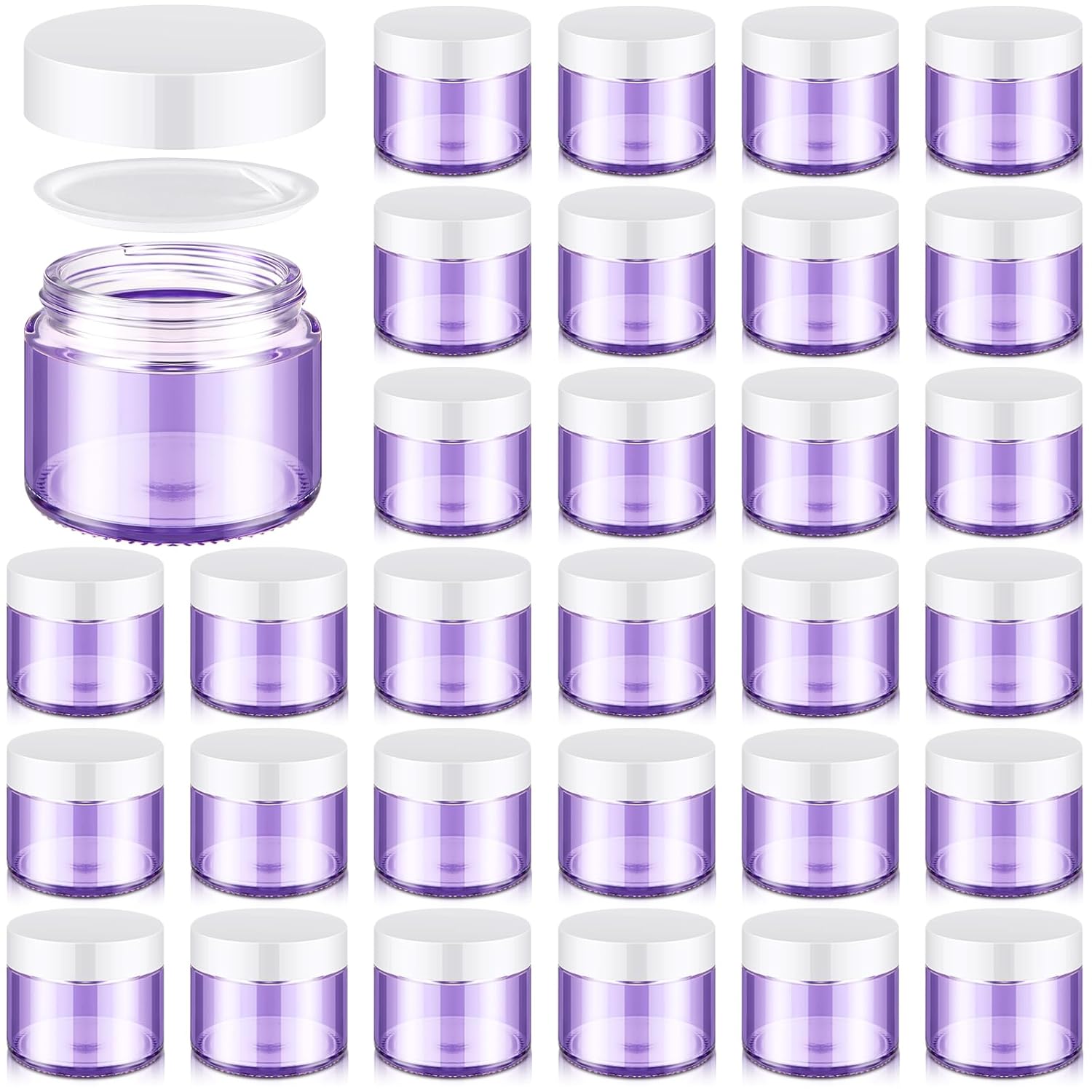 Domensi 32 Pcs 2 oz Glass Jars with Lids Travel Size Round Leakproof Empty Cosmetic Jars with Inner Liners Lid for Storing Makeup Lotions Face Cream Ointments Candle DIY Making (Light Purple)-Velvo Beauty