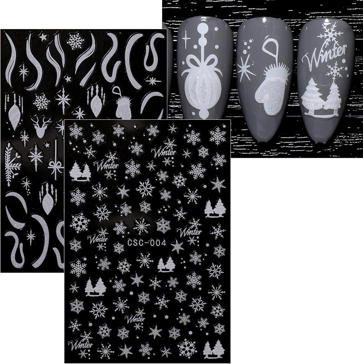 JMEOWIO 8 Sheets Christmas Glitter Nail Art Stickers Decals Self-Adhesive Cute Snowflake Winter Holiday White Nail Supplies Nail Art Design Decoration Accessories-Velvo Beauty