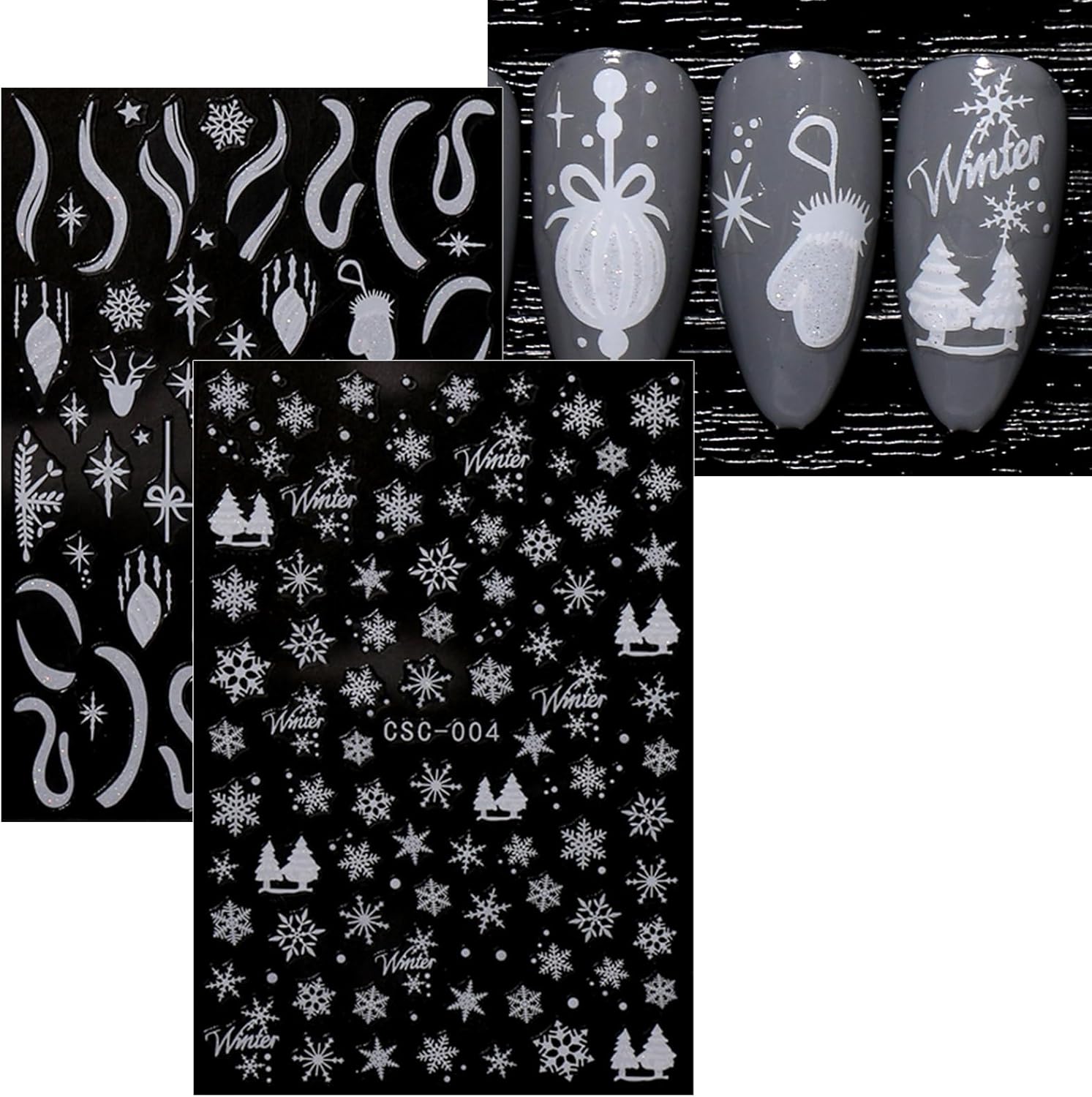 JMEOWIO 8 Sheets Christmas Glitter Nail Art Stickers Decals Self-Adhesive Cute Snowflake Winter Holiday White Nail Supplies Nail Art Design Decoration Accessories-Velvo Beauty