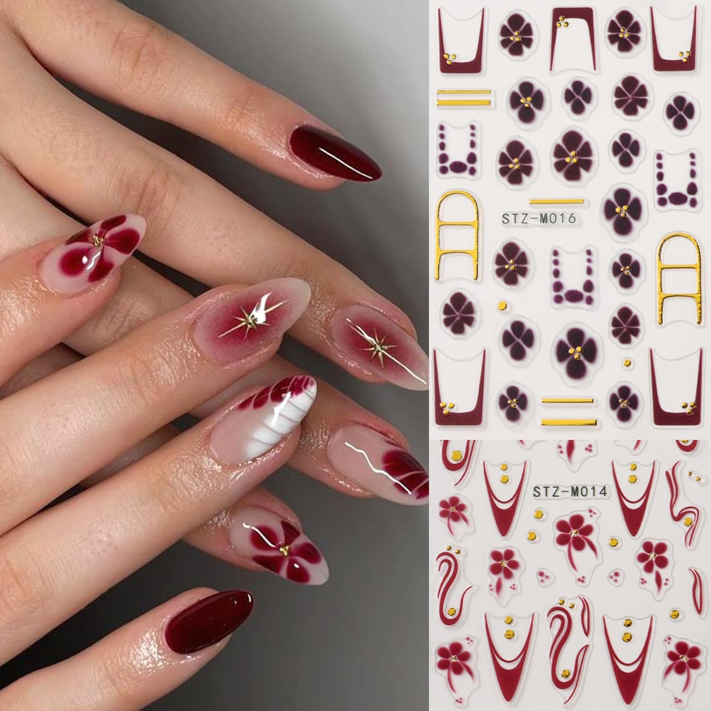 4Pcs Flower Nail Stickers for Nail Art - French Nail Art Stickers Autumn Winter Wine Red Brown Blue Floral Leopard Print Pattern 3D Self-Adhesive Nails Sliders Flowers Sticker for Nails Decoration-Velvo Beauty