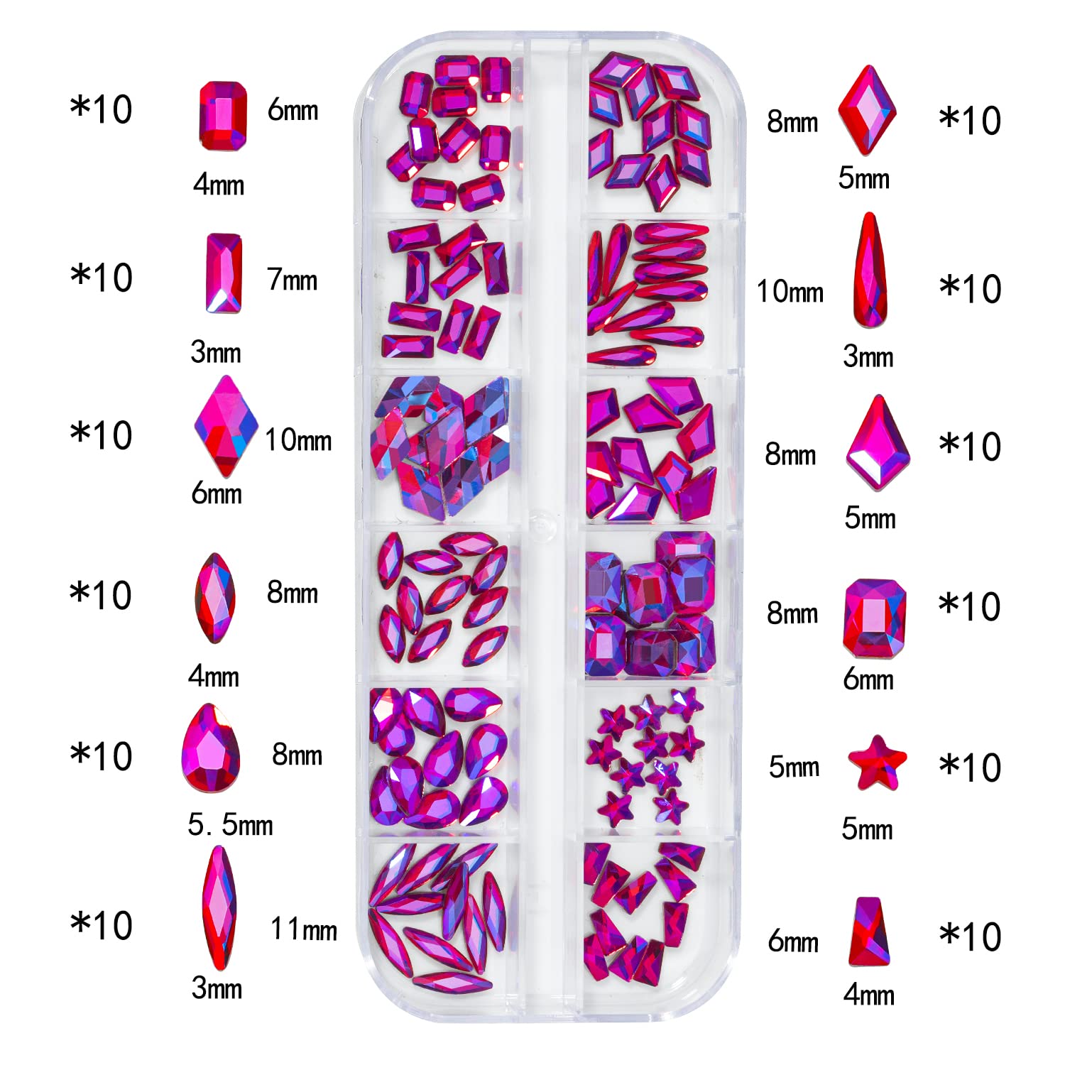 HNUIX Nail Rhinestones - 3D Multi Shape Size, Crystal AB Red Nail Gems, Flat Back, with Kit, for Nail Art, DIY Decorations-Velvo Beauty