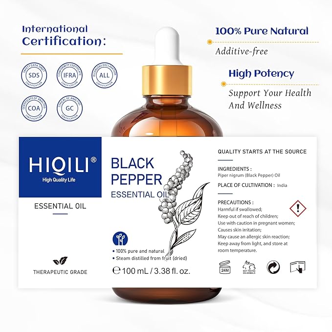 HIQILI Black Pepper Essential Oil for Aromatherapy & Diffuser - Natural Spicy & Warming Scent - Therapeutic Grade - 3.38 Fl Oz-Velvo Beauty