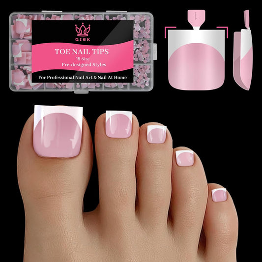 Press On Toenails for Women French Tips, Sharp Square Pre-applied Primer & Base Coat Toe Nail Press Ons Baby Pink Full Cover Fake Tips Extension 15 Sizes 270 Pcs, Builder Nail Gel & Top Coat Required-Velvo Beauty
