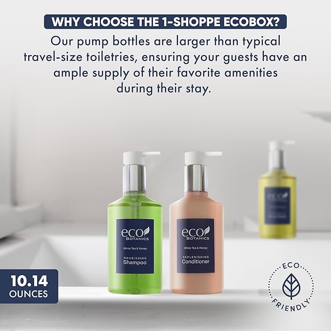1-Shoppe Eco Botanics 20 Piece Ecobox All-In-Kit | White Tea and Honey Soap | 6 Shampoo, 4 Conditioner, 6 Body Wash & 4 Lotion | 10.14oz Hotel Soaps and Toiletries Bulk | Personal Care Products-Velvo Beauty