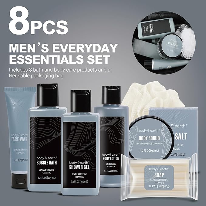 Gift Baskets for Men Body Wash Set Body & Earth Leathers Mens Bath Set with Body Lotion, Face Wash, Shower Gel, Bubble Bath, Loofah & More, Birthday Gifts for Men,regalos para hombre,Christmas Gifts-Velvo Beauty