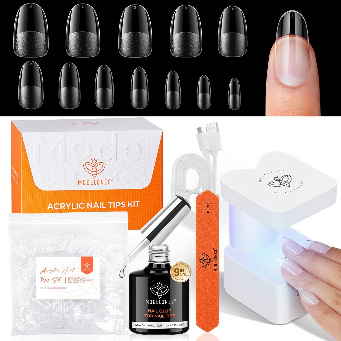 modelones Medium Oval Gel Nail Tips Kit, 9-in-One Nail Glue with Portable U V Lamp 216Pcs 12Sizes Pre-Etched Round Press ons Fake Acrylic Extension Kit DIY Salon Gift for Women-Velvo Beauty