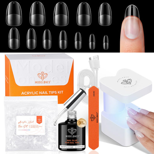 modelones Medium Oval Gel Nail Tips Kit, 9-in-One Nail Glue with Portable U V Lamp 216Pcs 12Sizes Pre-Etched Round Press ons Fake Acrylic Extension Kit DIY Salon Gift for Women-Velvo Beauty