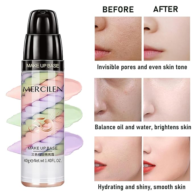 Primer Face Makeup Base, 3 In 1 Isolation Cream Color Corrector, Makeup Primer Skin Tone Correcting and Brightening Primer, Oil Control Moisturizing Face Primer to Hide Wrinkles and Fine Lines-Velvo Beauty