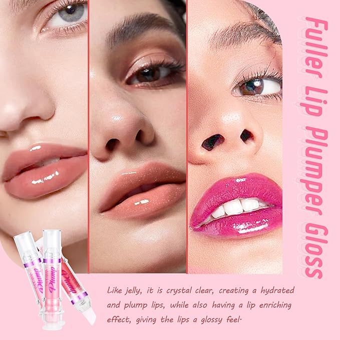 Lip Plumper Gloss Booster 3 Colors Set,Natural Pout Lip Plumping Oil and Lip Care Serum Enhancer Lifter Gloss for Fuller Moisturizing Hydrating&Reduce Fine Lines Nourishing Lips Mask Makeup-Velvo Beauty