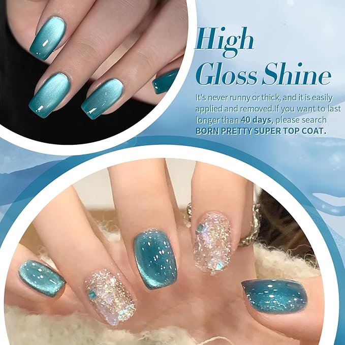 BORN PRETTY Magnetic Gel Nail Polish Blue Water Light Cat Magnetic Eye Gel Jelly Glass Crystal Magnetic Gel Polish Glitter Shimmer Auroras Magnetic Gel Nail Art Manicure Kit 6PCS-Velvo Beauty