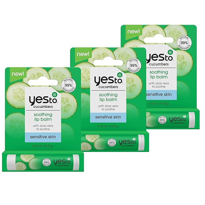Yes To Cucumber Soothing Lip Balm, Hydrating Non-Sticky Salve That Calms Dry Cracked Lips, Locks In Moisture & Glides On Smoothly, With Aloe Vera & Castor Oil, Natural & Cruelty Free, 0.15 Oz, 3-Pack-Velvo Beauty