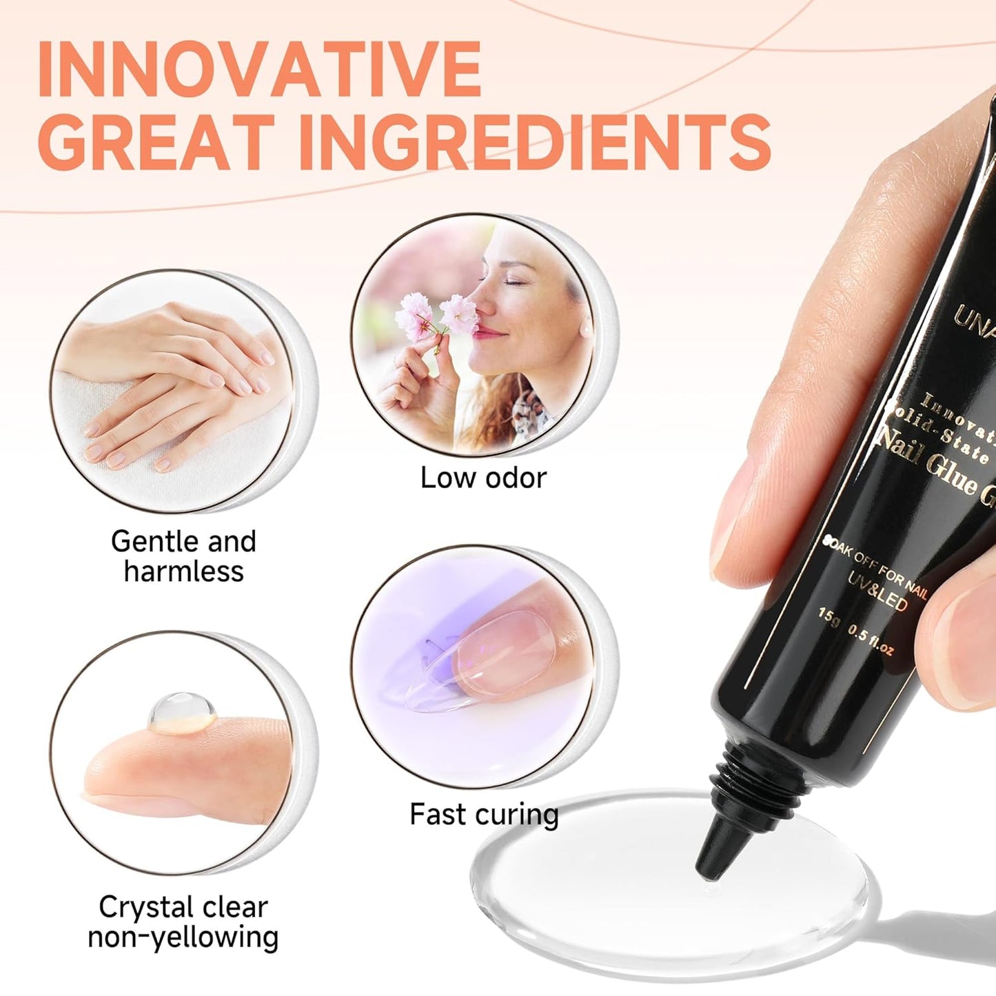 UNA GELLA Solid Nail Glue Gel 15ml Lamp Curing Needed Solid Soak Off U V/LED Lamp Required Super Strong Glue For Fake Acrylic Soft Gel Nail Tips Press On Nails Art Extension-Velvo Beauty