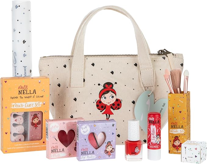 MISS NELLA Kids Bag of Glamorous Picks Makeup & Nail Polish Set Safe and Fun Gift - Hypoallergenic, Dermatologically Tested Kid-Friendly, Non-Toxic, Cosmetic Bag Included – Special Edition-Velvo Beauty