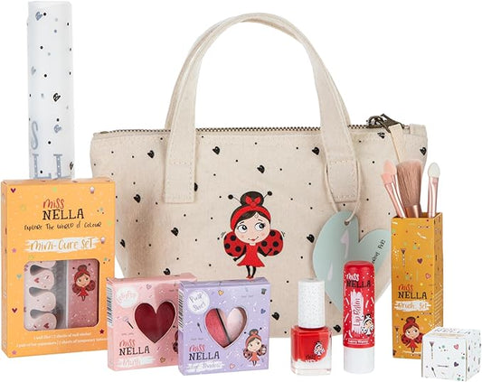 MISS NELLA Kids Bag of Glamorous Picks Makeup & Nail Polish Set Safe and Fun Gift - Hypoallergenic, Dermatologically Tested Kid-Friendly, Non-Toxic, Cosmetic Bag Included – Special Edition-Velvo Beauty