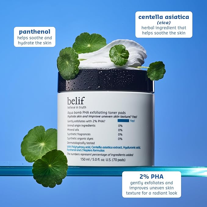 belif PHA 2% Toner Pads – Gentle Exfoliating Facial Polish for Pore Care, Hydrating & Soothing with Panthenol & Cica, Double-Sided Texture, Ideal for Sensitive Skin, Korean Skincare (70 Pads)-Velvo Beauty