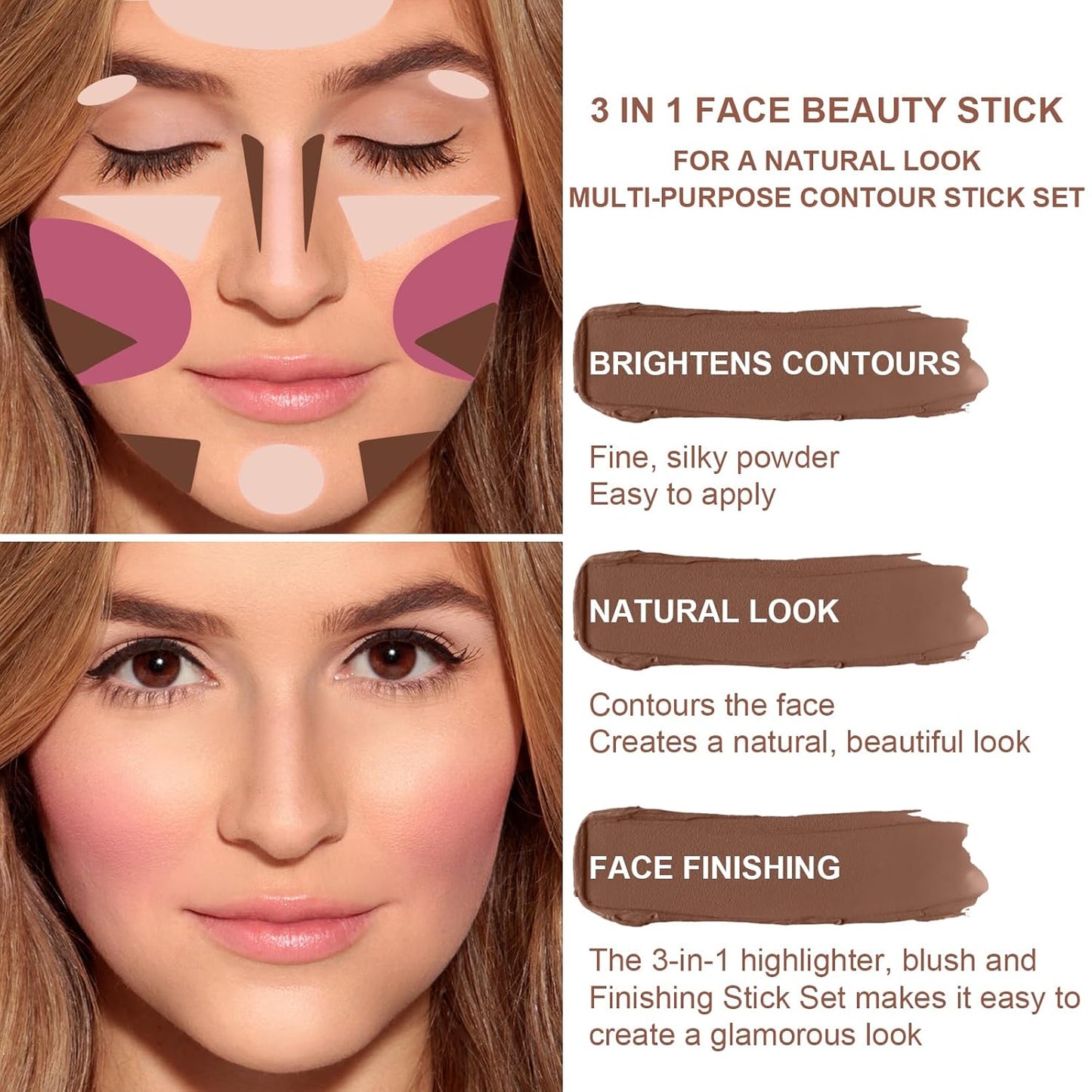 3 Colors Cream Contour Stick, Shades with Highlighter Stick,Blush Stick and Bronzer Contour Stick for Sculpt the Cheeks,Long Lasting,Waterproof,Matte & Dewy Finish for Women (LIGHT MEDIUM(2+5+6))-Velvo Beauty
