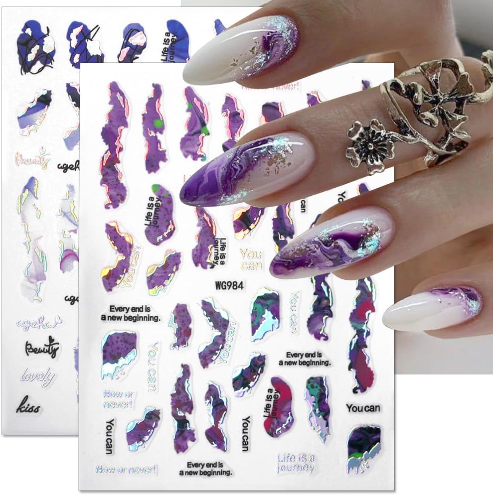 6 Color Marble Nail Art Stickers - Women's 3D Bronzing Silver & Watercolor Blooming Decals - Self Adhesive Foil Nail Designs-Velvo Beauty