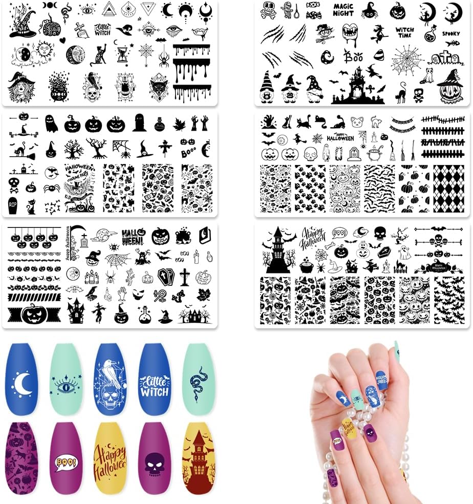 ALIBBON 6 Pcs Halloween Nail Stamping Plates Set, Ghost Pumpkin Background Nail Art Stamp Templates, Cat Spider Web Stamp Templates Kit, Castle Grave Metal Nail Plates for DIY Printing Decor-Velvo Beauty