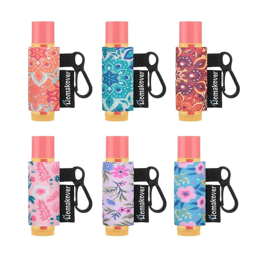 6 Pack Lip Balm Holder, Compact Clip-On Chapstick Holder Premium Release Clip Neoprene Sleeve Lip Balm with Clip Fits Most Standard Lip Balm-Velvo Beauty
