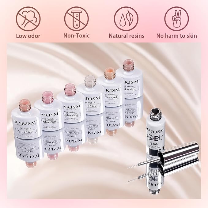 RARJSM Nude Gel Nail Polish Set 6 Colors with Metallic Silver Chrome Gel Liner Sheer Jelly Gray Pale Rose Apricot Pink GelPolish Transparent French Manicure Neutral GelVarnish LED UV Curing Requires-Velvo Beauty