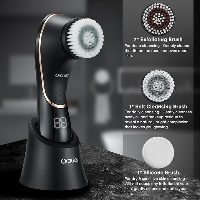 Facial Cleansing Brush, Electric Face Scrubber Rechargeable Exfoliator IPX-7 Waterproof Rotating Cleanser for Exfoliating, Massaging and Deep Cleansing for Women & Men with 4 Brush Heads Black-Velvo Beauty