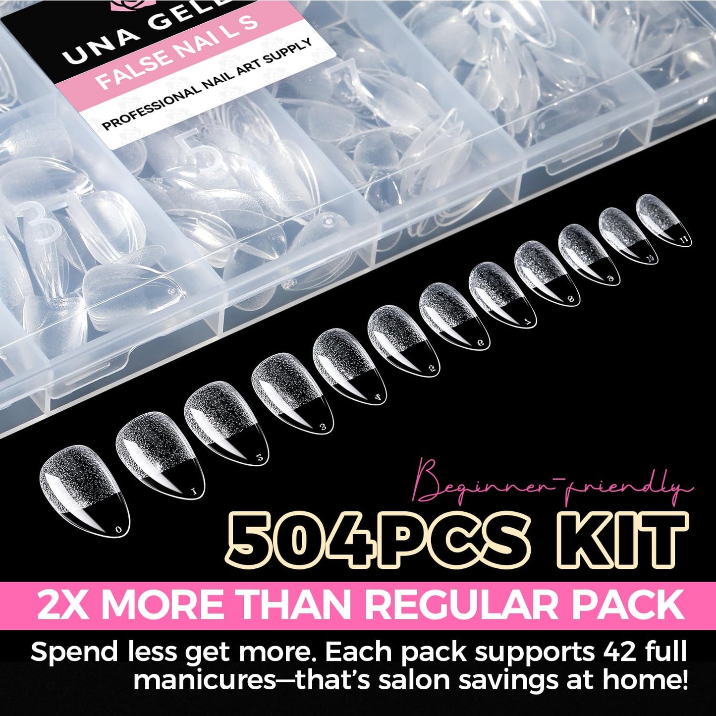 UNA GELLA Short Almond Nail Tips: 504PCS Short Fake Nails Soft Press On Gel Nail Tips Pre Shaped Almond Shape Home Nail Extension Full Cover, 12 Sizes Acrylic Gelly Tips-Velvo Beauty