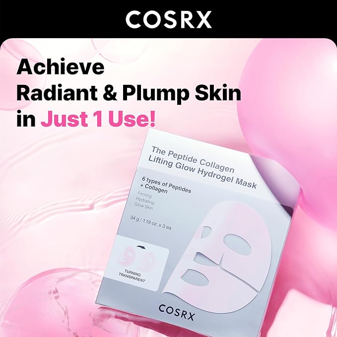 COSRX The Peptide Collagen Lifting Glow Hydrogel Face Masks Skincare 3 EA, Collagen Face Mask, Travel Essentials, Overnight Face Mask, Korean SkinCare-Velvo Beauty