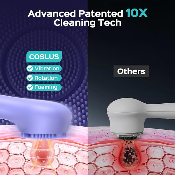COSLUS Face Scrubber Facial Cleansing Brush: 2 in 1 Spin and Vibration Patented Tech, Silicone Electric Exfoliator Scrubber with Automatic Foaming, Waterproof Face Cleanser Brush for Men and Women-Velvo Beauty
