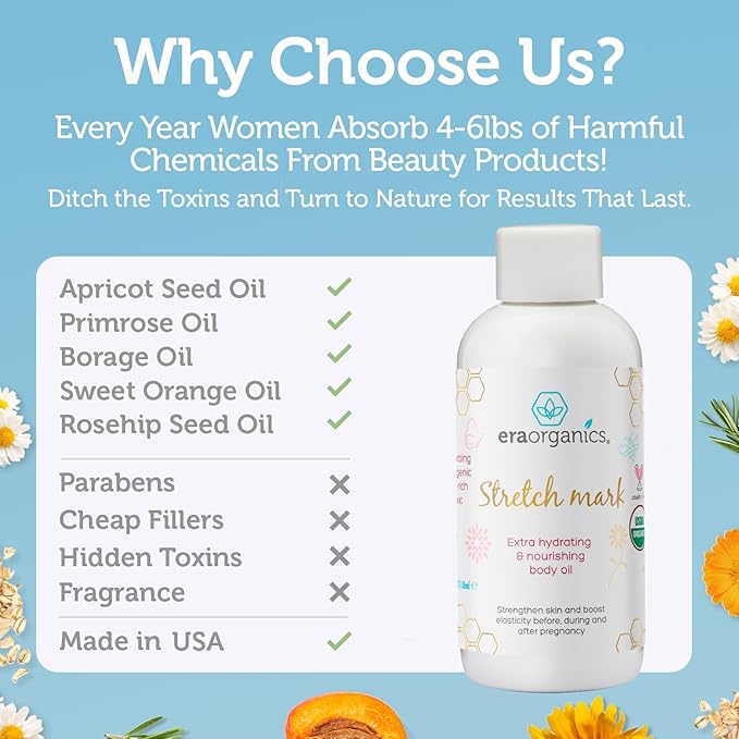 Era Organics Organic Stretch Mark Oil for Pregnancy - Extra Moisturizing Belly Oil for Pregnancy - Pregnancy Oil to Prevent Stretch Marks - Pregnancy Must Haves-Velvo Beauty