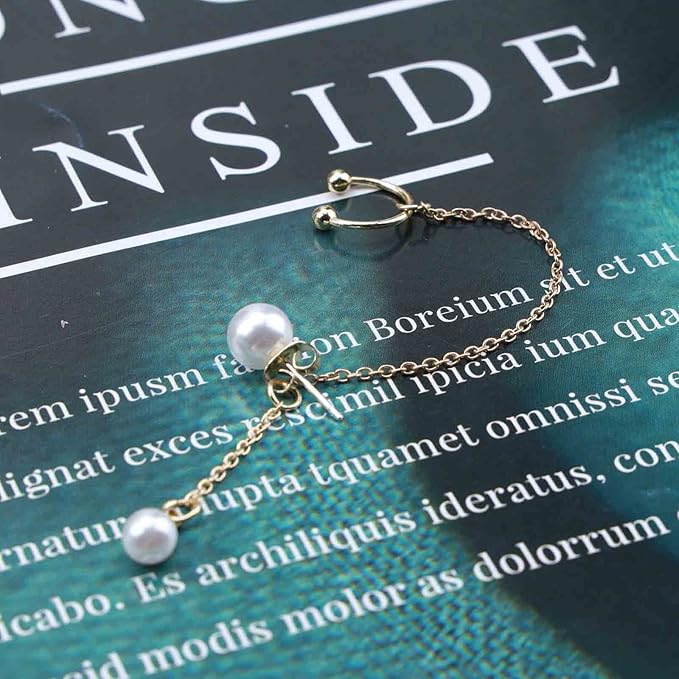 Vintage Pearl Cuff Chain Earrings Gold Chain Ear Cuffs Dangle Chain Cartilage Earrings Pearl Studs Earrings Cartilage Helix Earrings Helix to Lobe chain earrings Jewelry for Women and Girls (Gold B)-Velvo Beauty
