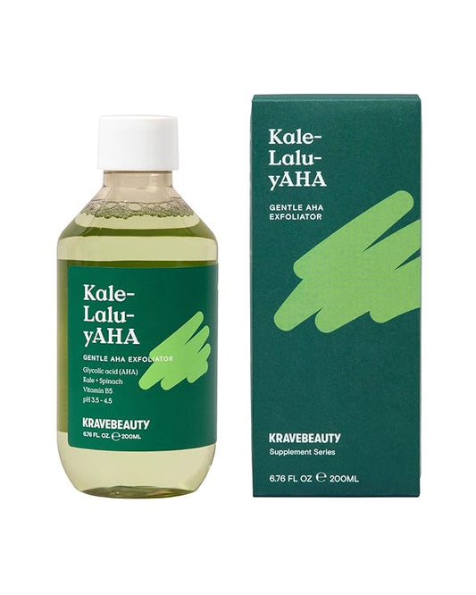 Krave Beauty Kale-Lalu-yAHA - Gentle 5.25% AHA Exfoliator with Glycolic Acid, Hyaluronic Acid, and Vitamin-Rich Kale for Texture, Discoloration, and Dead Skin Cells, Vegan and Cruelty-Free, 6.76 fl oz-Velvo Beauty