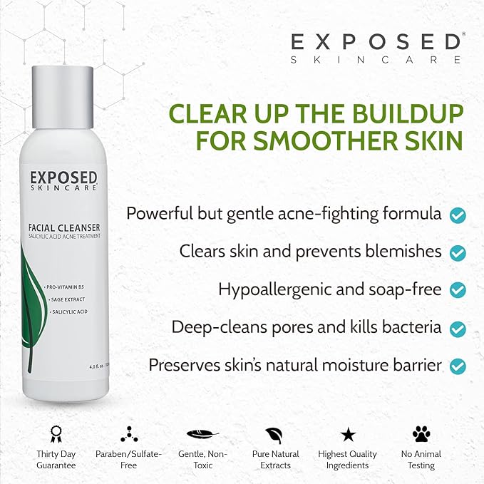 Exposed Skin Care Acne Facial Cleanser - Gentle Face Wash with Salicylic Acid for Acne Prone Skin - Pore Clarifying Acne Treatment for All Ages, Skin Types-Velvo Beauty