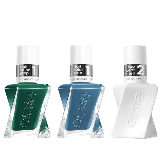 Essie Nail Polish Set, Daisy Jones & The Six Inspired, Longwear Gel-like Nail Polish, Cut Loose, Blue, + Invest In Style, Green + Gel-like Shiny Top Coat-Velvo Beauty