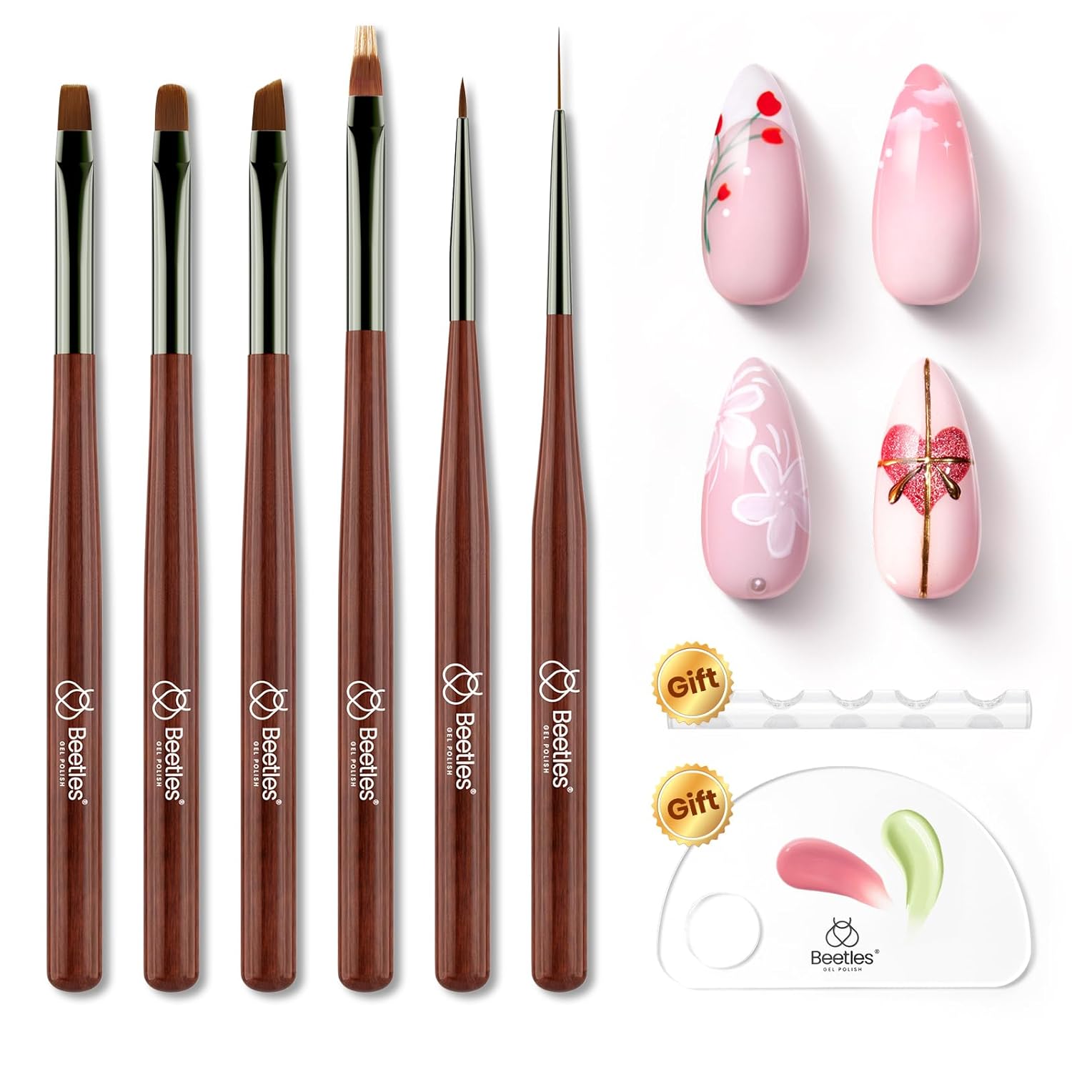 Beetles Nail Art Brushes Set, 6 PCS Multifunctional Nail Brushes for Nail Art Wooden Liner Brush Nail Drawing Pen Nail Art Tools with Nail Brush Holder&Palette for Nail Art Design-Velvo Beauty