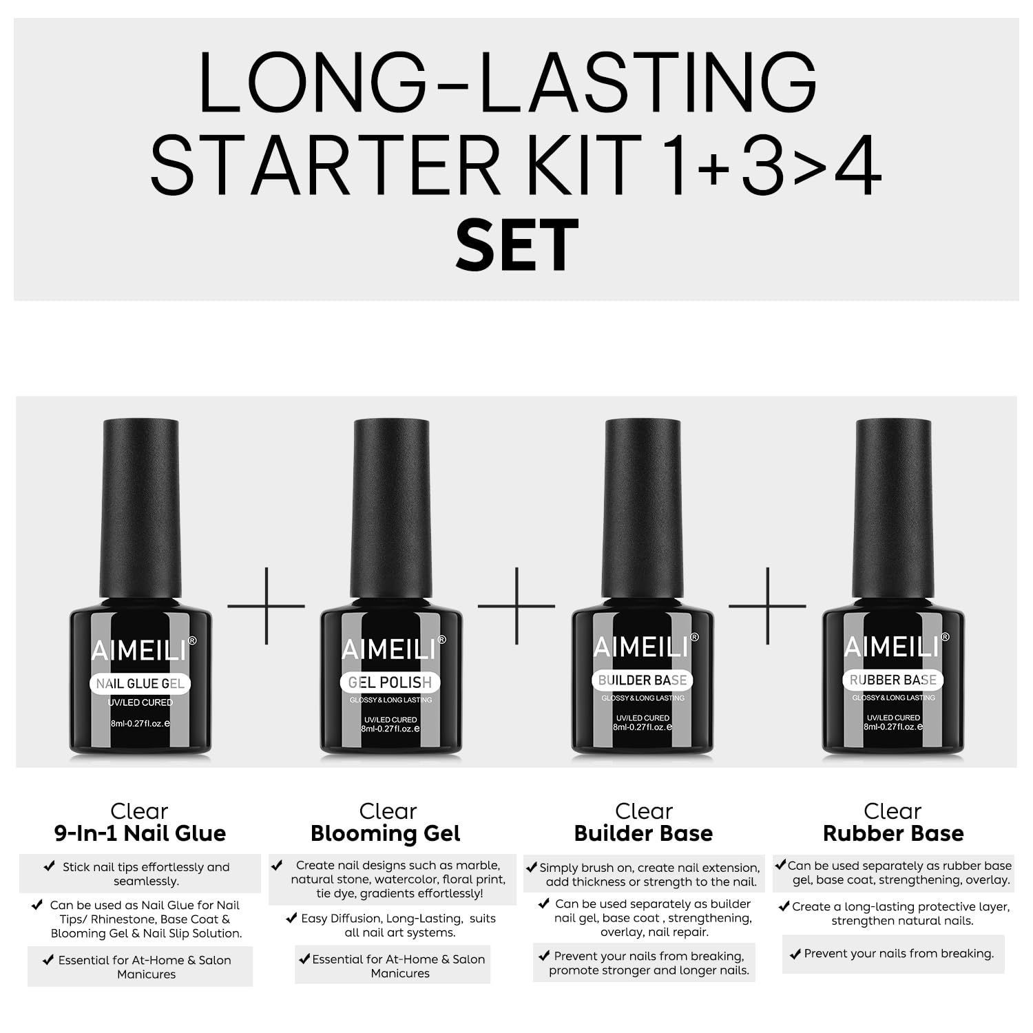 AIMEILI Gel Nail Polish Nail Glue Blooming Builder Rubber Base 4pcs, Cruelty Free, Vegan, U V LED Nail Art-Velvo Beauty