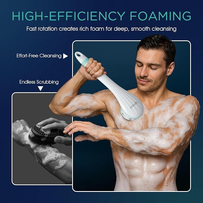 VOYOR Electric Silicone Body Scrubber, Back Scrubber for Shower, Waterproof Long Handle Body Brush, Rechargeable Power Bath Brush for Cleansing, Exfoliating, Massaging Skin BC100 (Blue)-Velvo Beauty