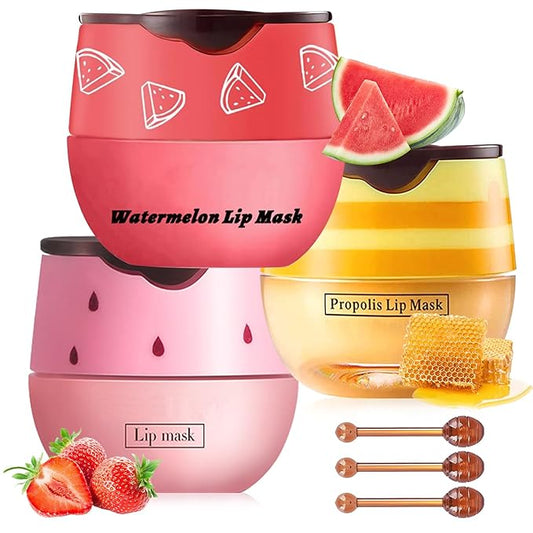 3 PCS Bee Lip Balm Lip Mask Honey Pot, Honey & Strawberry & Watermelon Lip Mask Propolis Moisturizing Lip Balm with Stick, Sleeping Lip Mask Hydrating Prevention Dry & Cracked Lip Scrubs (SET A)-Velvo Beauty