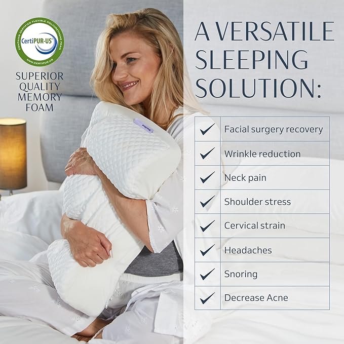 YourFacePillow- Back Sleeper Beauty Pillow, Cervical Neck Pillow, Patented Contour Memory Foam Pillow, Ergonomic Neck, Back and Shoulder Support. Back Sleeping Reduces Pressure on Skin - Cooling-Velvo Beauty